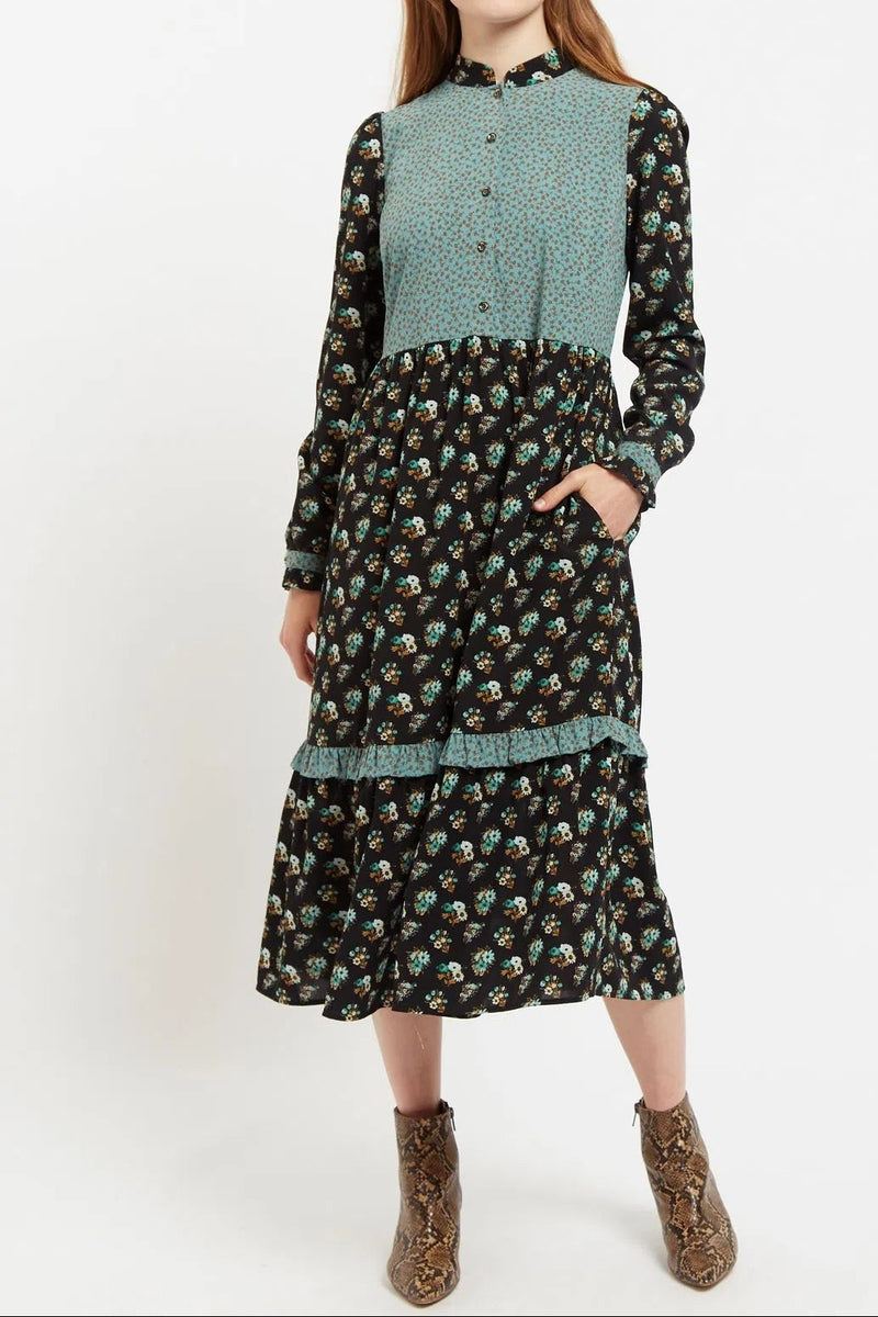Louche Elsie Posy Patchwork Print Tiered Long Sleeve Midi Dress - Front