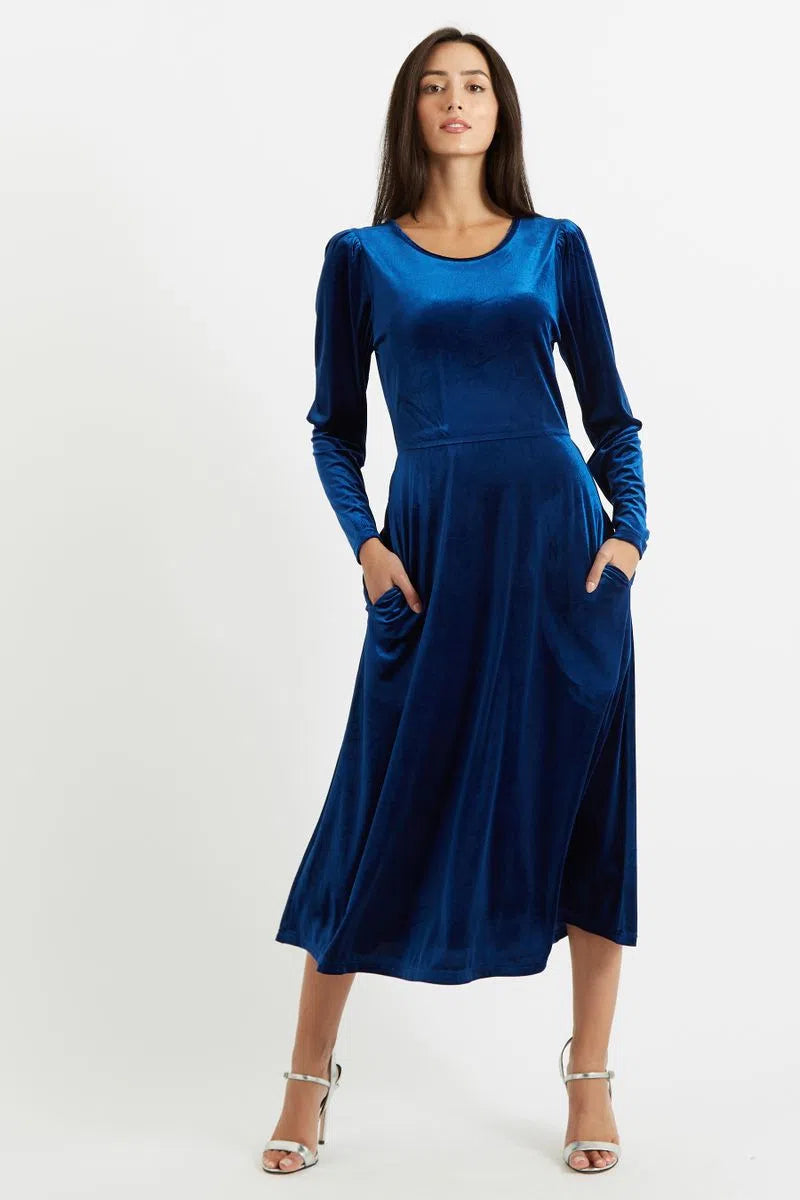 Louche Fabrice Velvet Deep Back Long Sleeve Midi Dress - Front