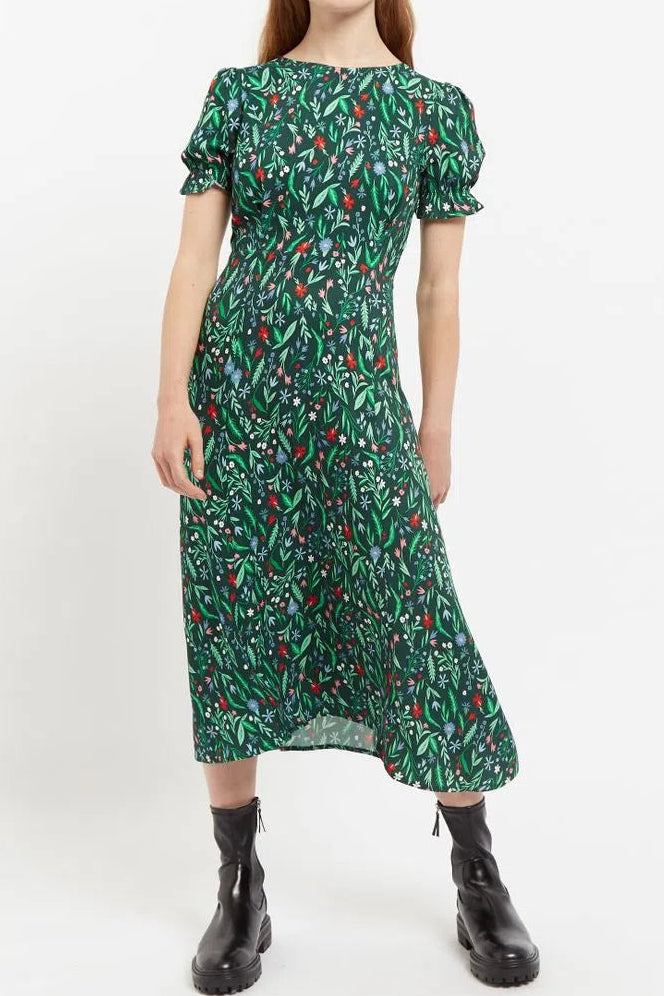 Louche Flo Folk Floral Print Puff Sleeve Midi Dress - Front