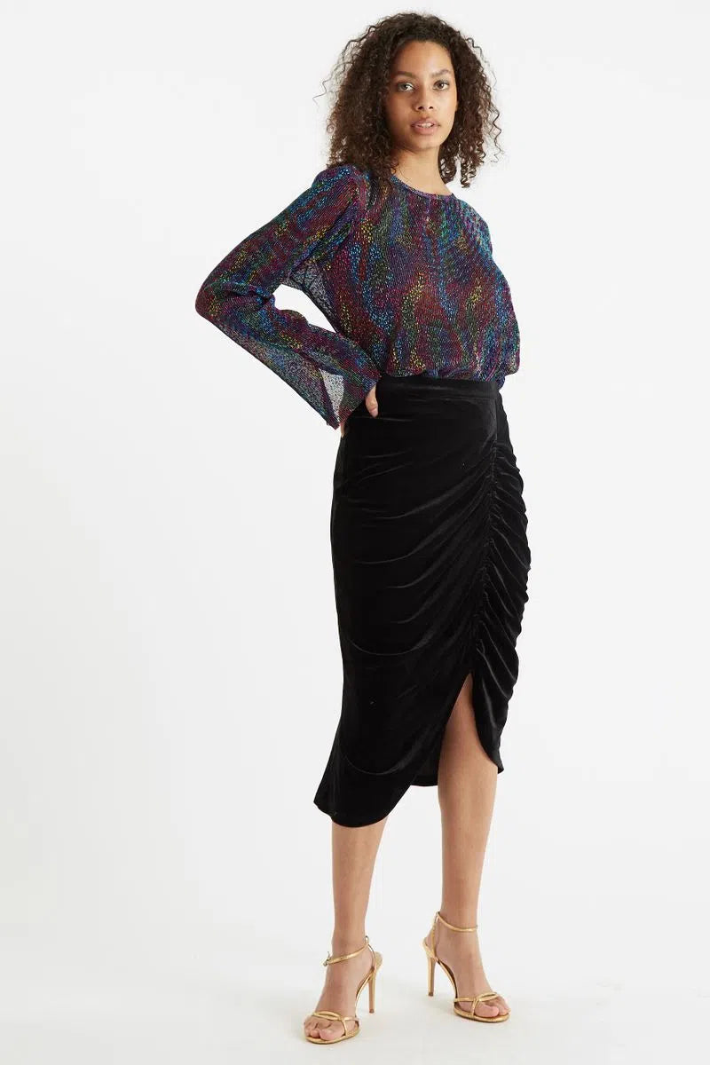 Louche Helka Velvet Ruched Mini Skirt Black - Front