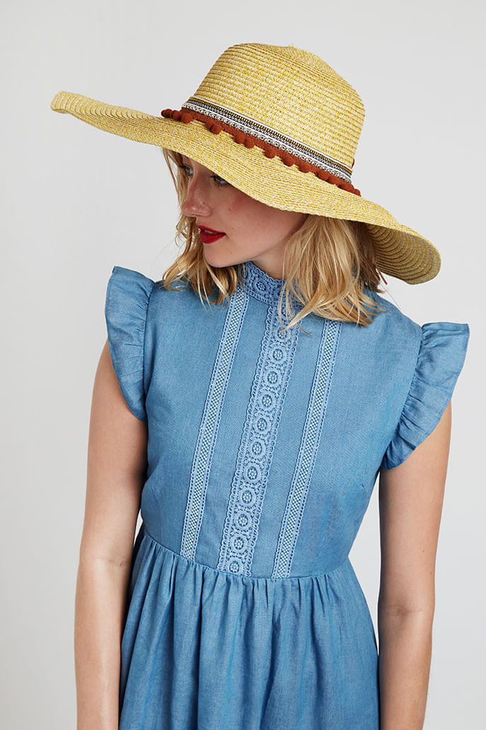 Louche January Large Brim Straw Hat With Pom Trim - Front