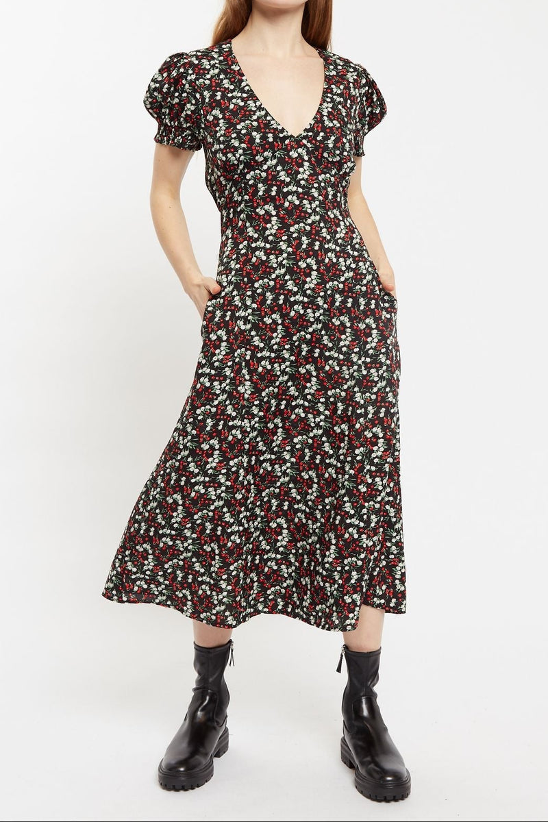 Louche Minerva Jolly Ditsy Print Puff Sleeve Midi Dress - Front