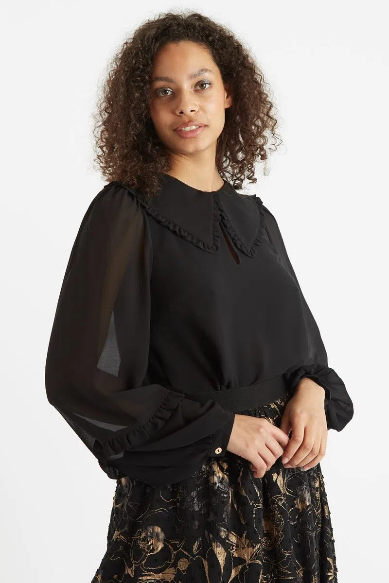 Louche Tuppence Statement Collar Long Sleeve Blouse Black - Front