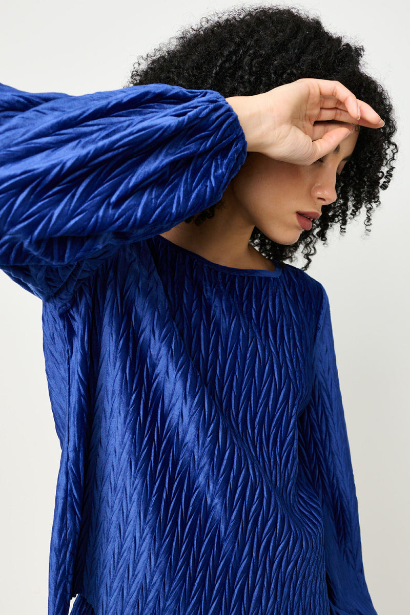Aba Velvet Pleat Long Sleeve Top - Cobalt - Front