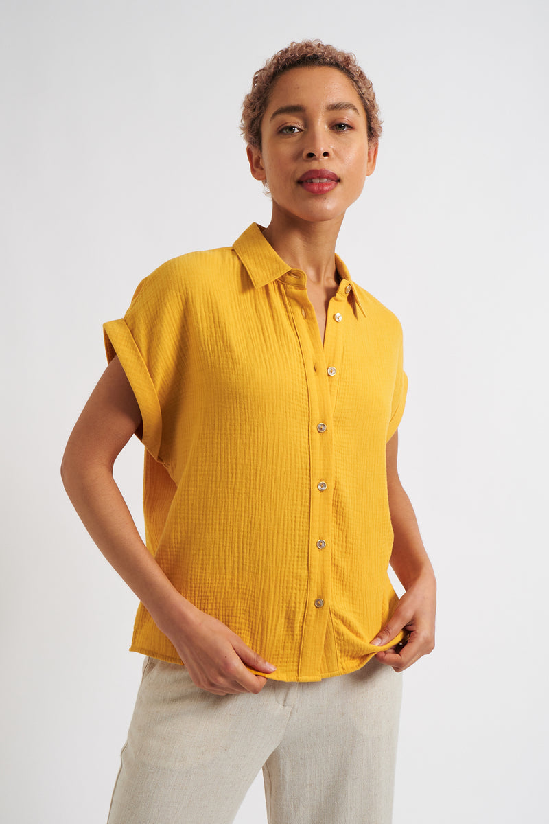 Abinaya Double Gauze Short Sleeved Shirt - Mustard - Front