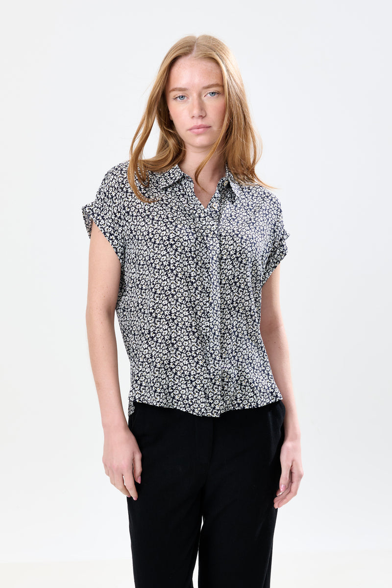 Abinaya Dazzler Print Short Sleeve Shirt - Black - Front