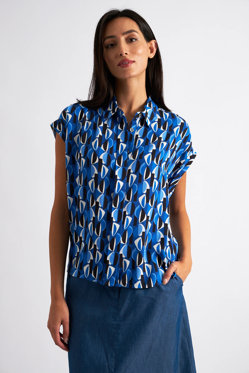 Abinaya Mid Century Retro Print Shirt - Blue - Front