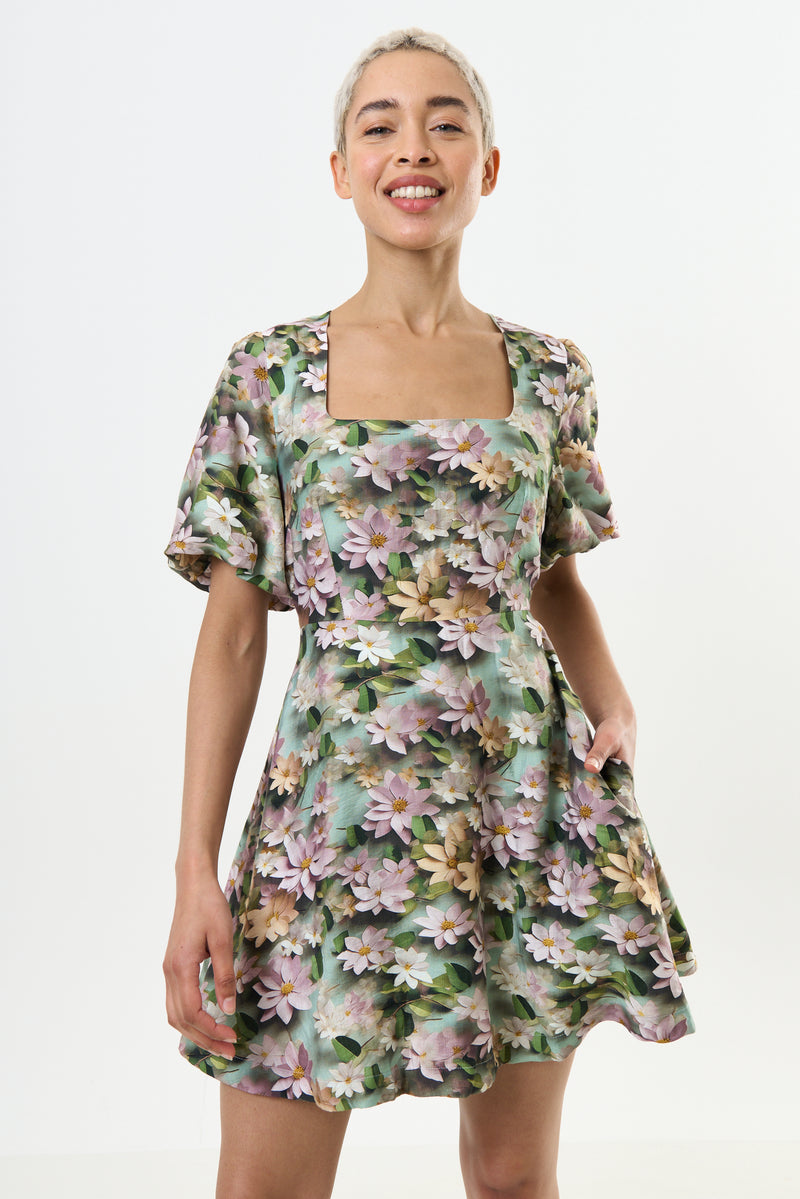 Agata 3D Daisy Print Mini Dress - Green - Front
