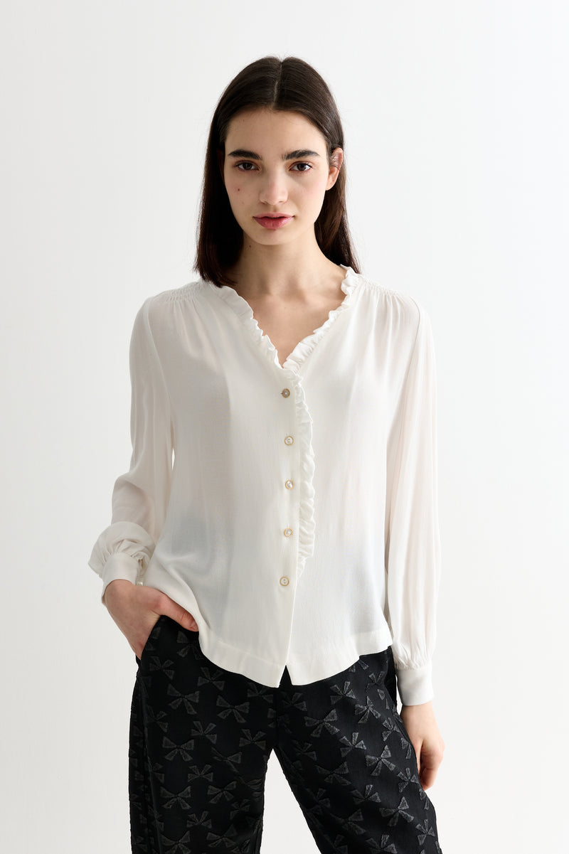 Alegra Moss Crepe Frill V-Neck Blouse - Front
