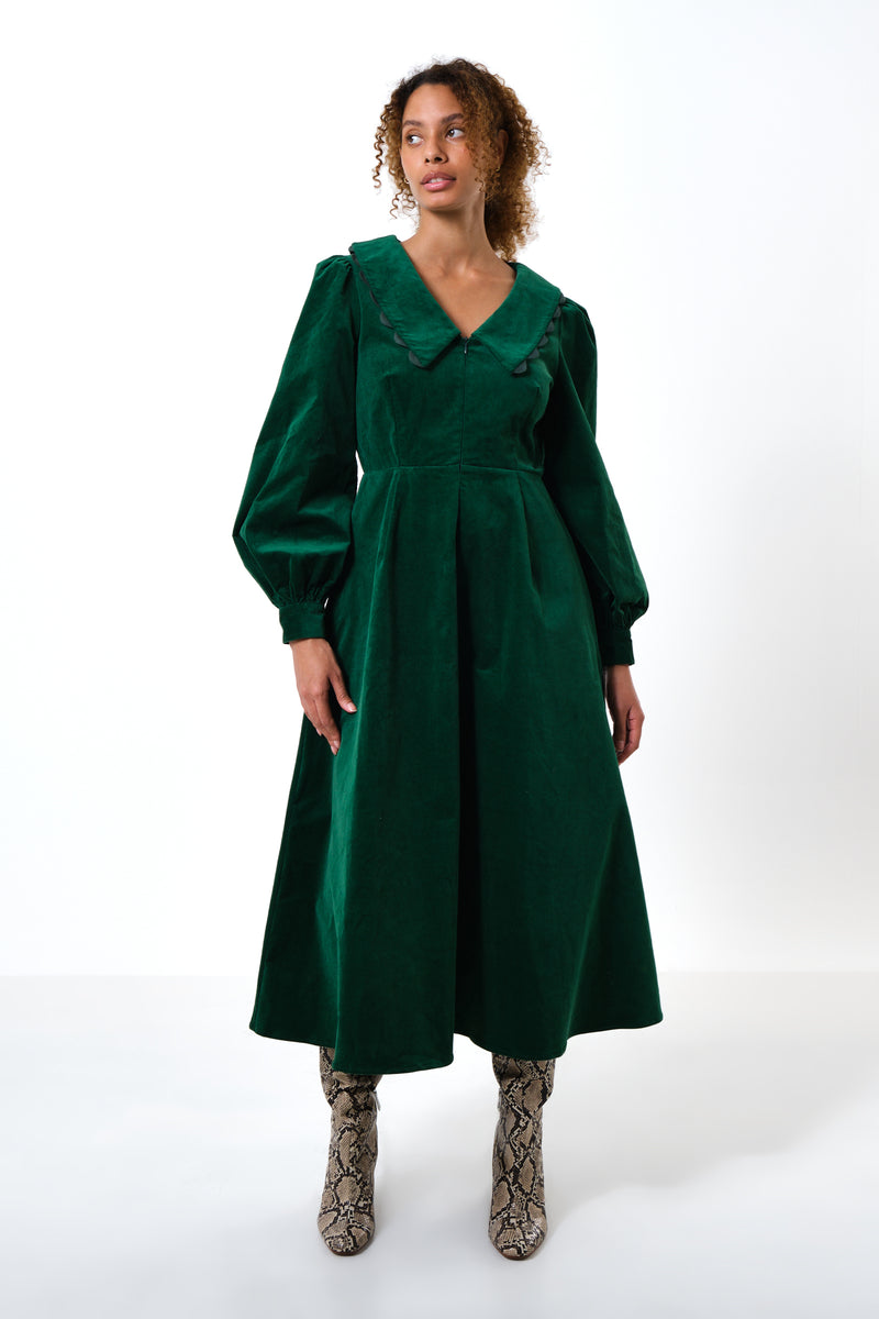 Alva Babycord Long Sleeve Midi Dress - Dark Green - Front