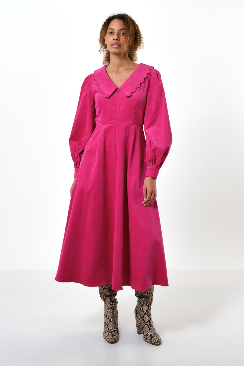 Alva Babycord Long Sleeve Midi Dress - Pink - Front