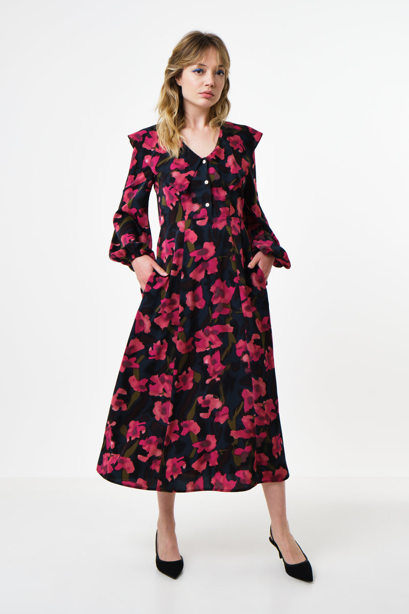 Amada Watermark Floral Print Long Sleeve Midaxi Dress - Front