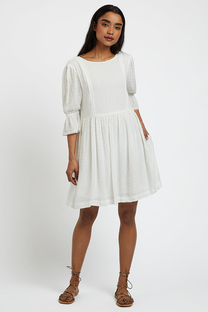 Amarine Self Dot White Square Back 3/4 Sleeve Mini Dress - Front