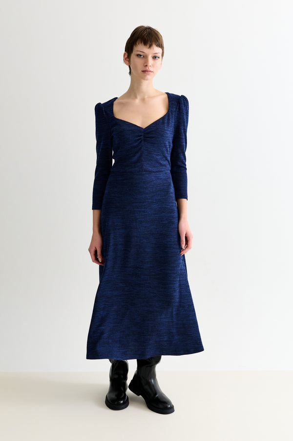 Ambrose Sustainable Marl Sweetheart Neck Midi Dress – Navy