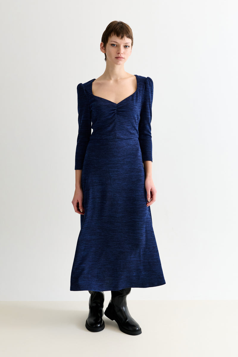 Ambrose Sustainable Marl Sweetheart Neck Midi Dress – Navy - Front