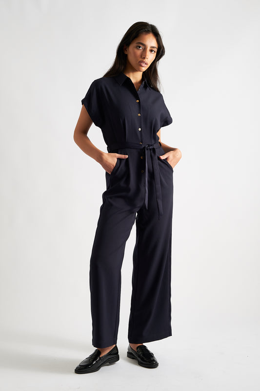 Angie Sustainable Satin Back Crepe Jumpsuit - Navy