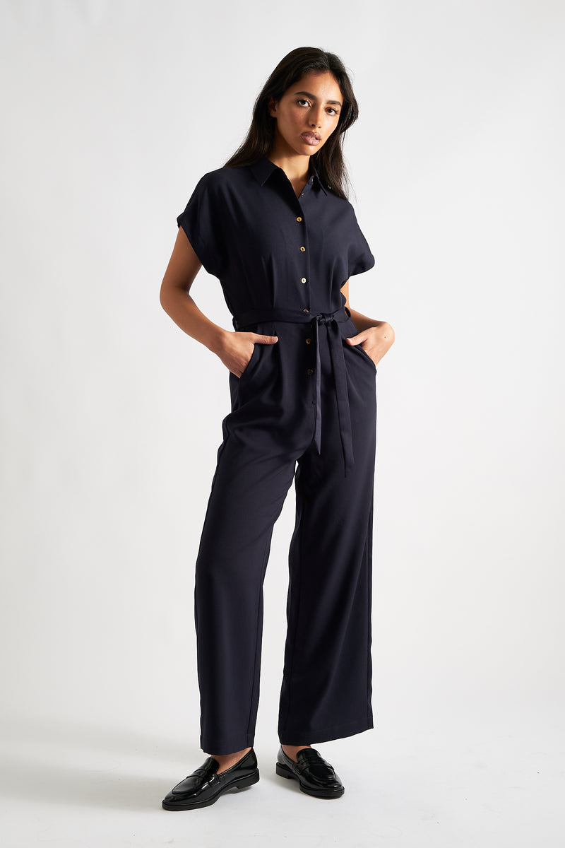 Angie Sustainable Satin Back Crepe Jumpsuit - Navy - Front