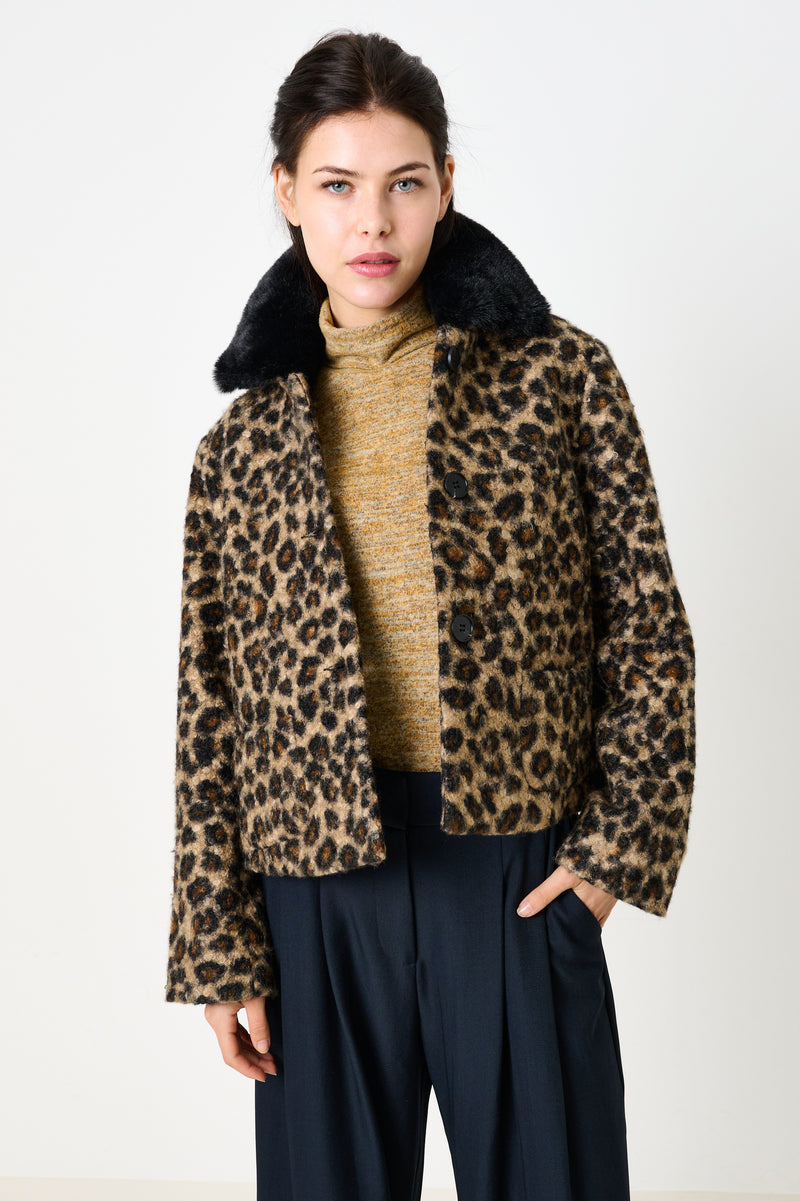 Apple Animal Teddy Faux Fur Collar Jacket - Black - Front
