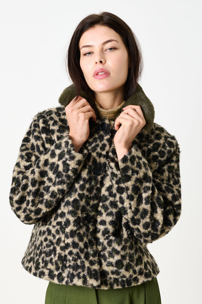 Apple Animal Teddy Faux Fur Collar Jacket - Green - Front