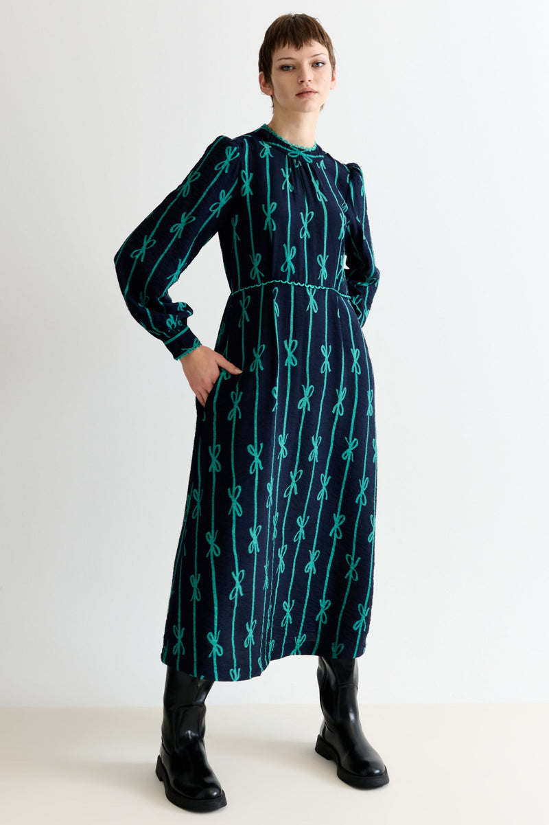 Avon Tie Up High Neck Long Sleeve Midi Dress – Navy - Front