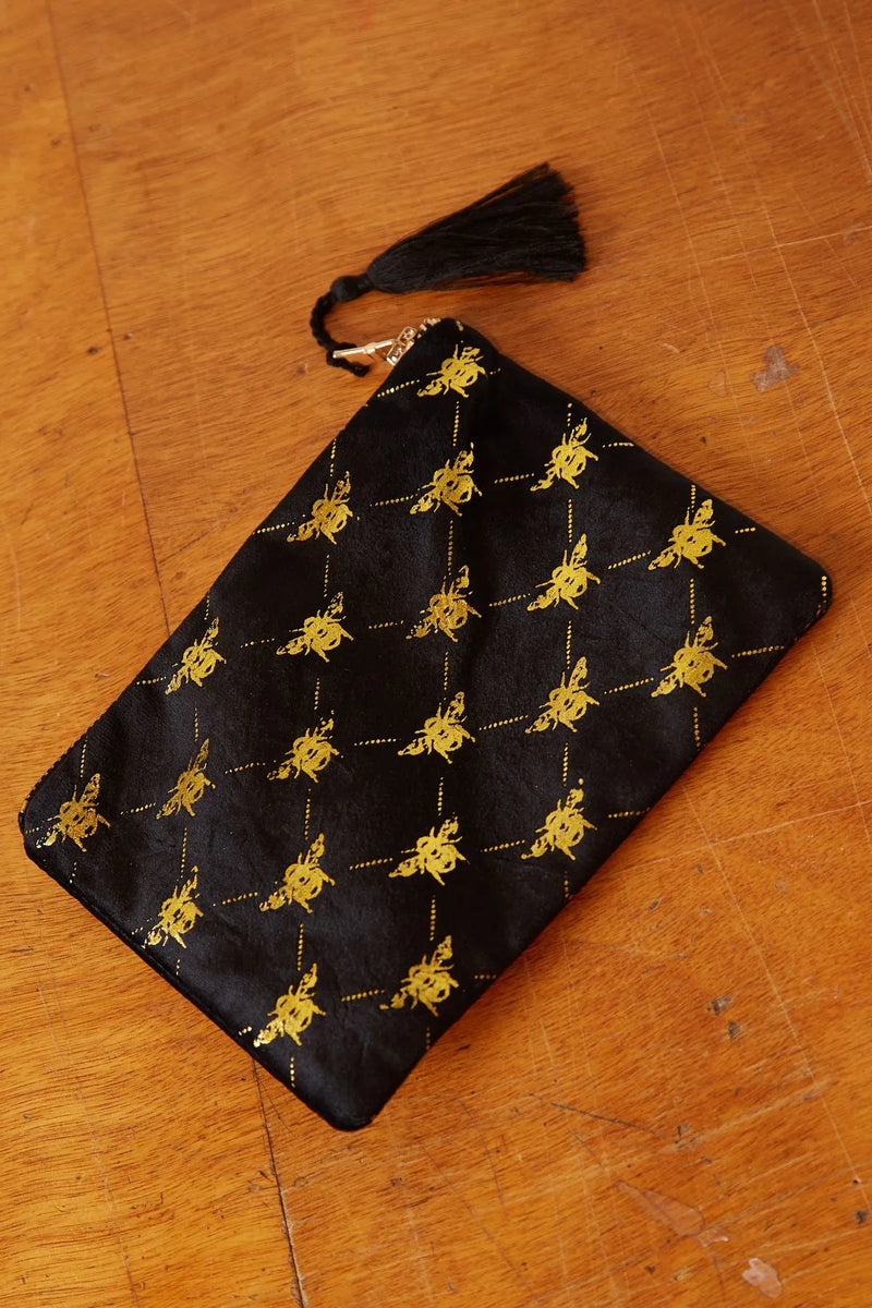 Bee Print Velvet Make Up Bag - Front