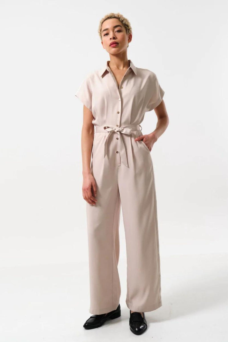 Angie Sustainable Satin Back Crepe Jumpsuit - Camel - Front