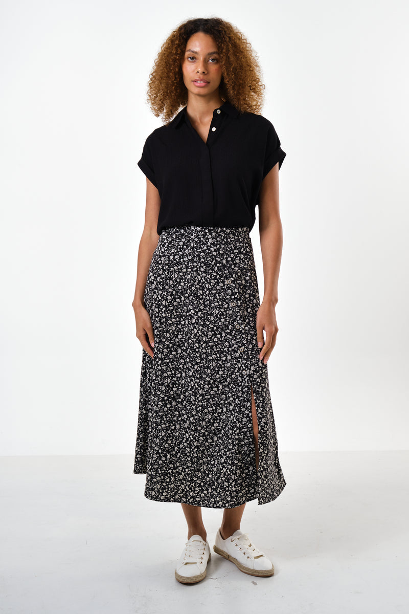 Barney Floral Print Midi Skirt in Black - Front