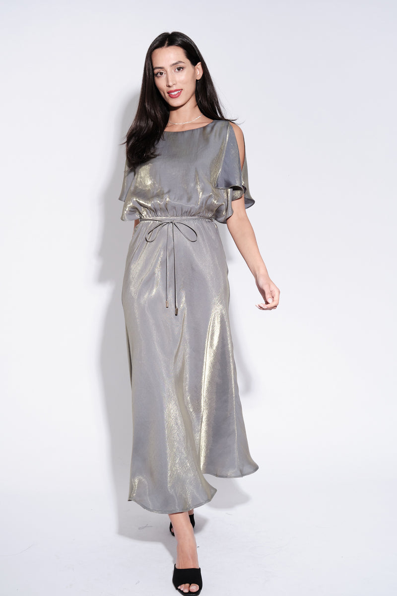 Basford Iridescent Cape Sleeve Midi Dress in Green - Front