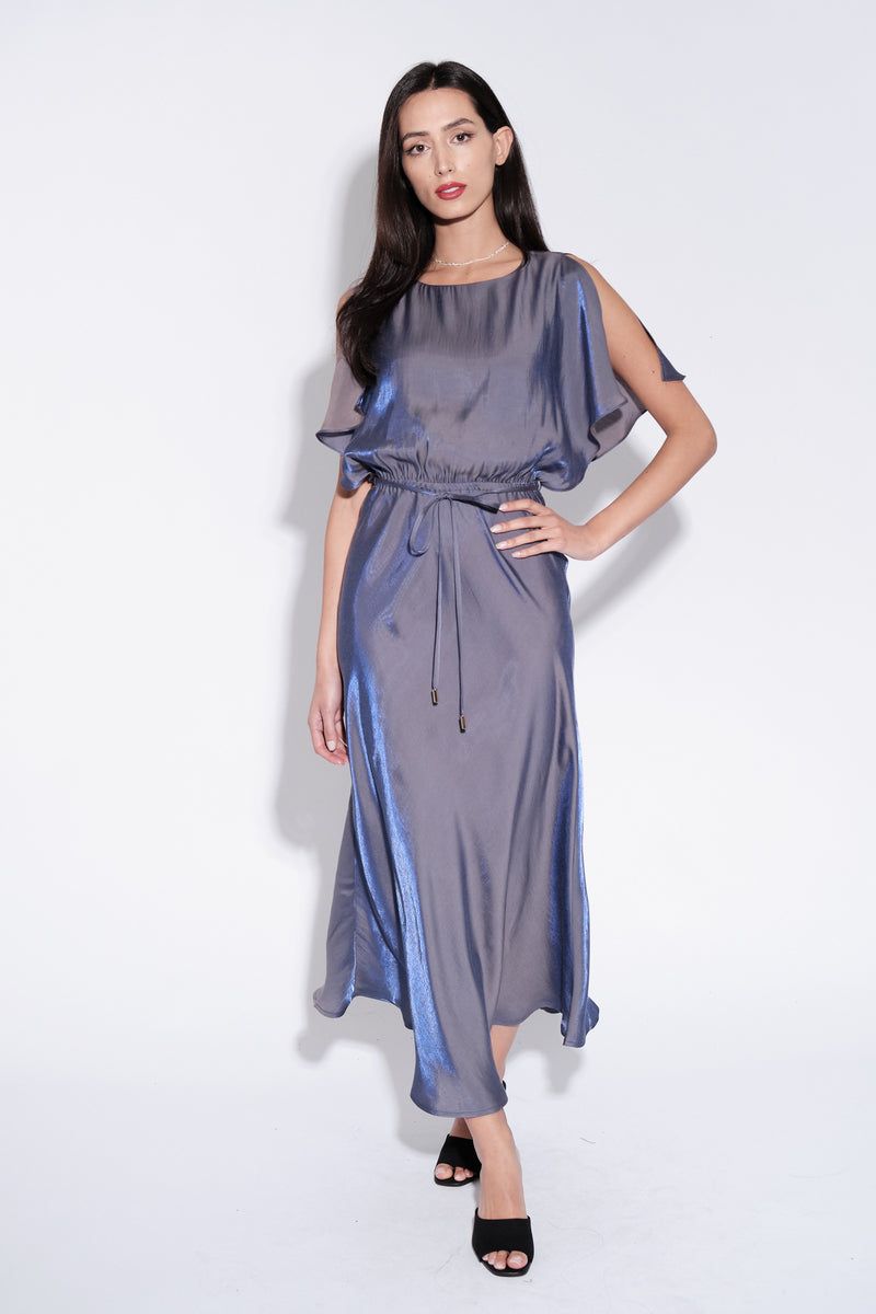 Basford Iridescent Cape Sleeve Midi Dress in Navy - Front