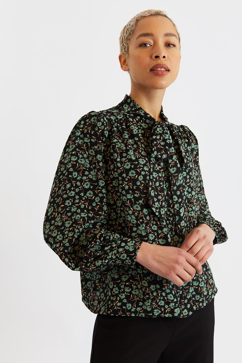Bathilde Fleur Vert Print Tie Neck Blouse - Front