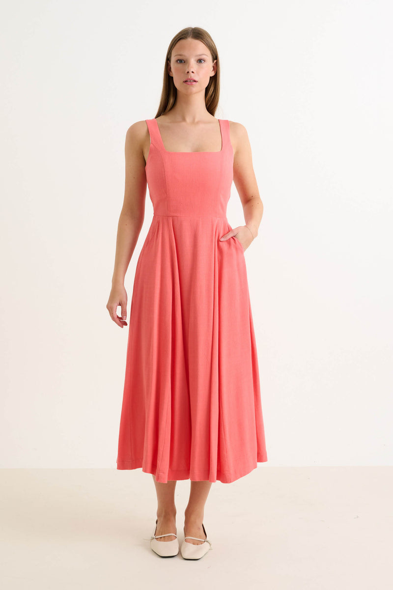 Baya Linen Mix Square Neck Midi Dress- Coral - Front