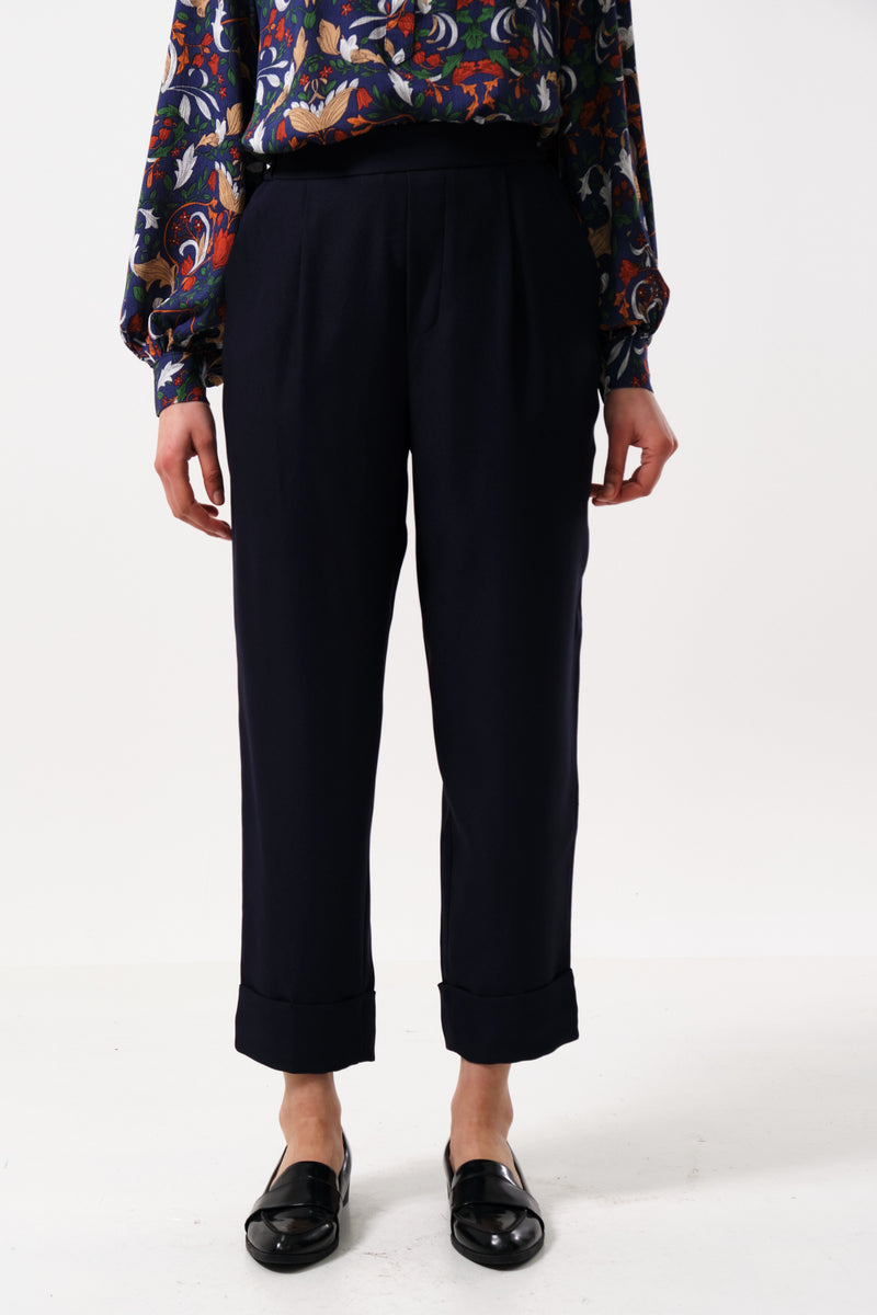 Bayeux Sustainable Satin Back Crepe Trouser - Navy - Front