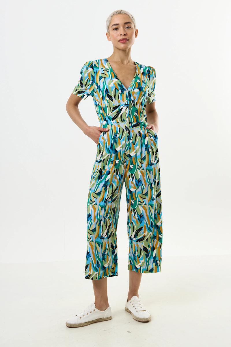 Belen Brushstroke Print V-neck Jumpsuit - Front