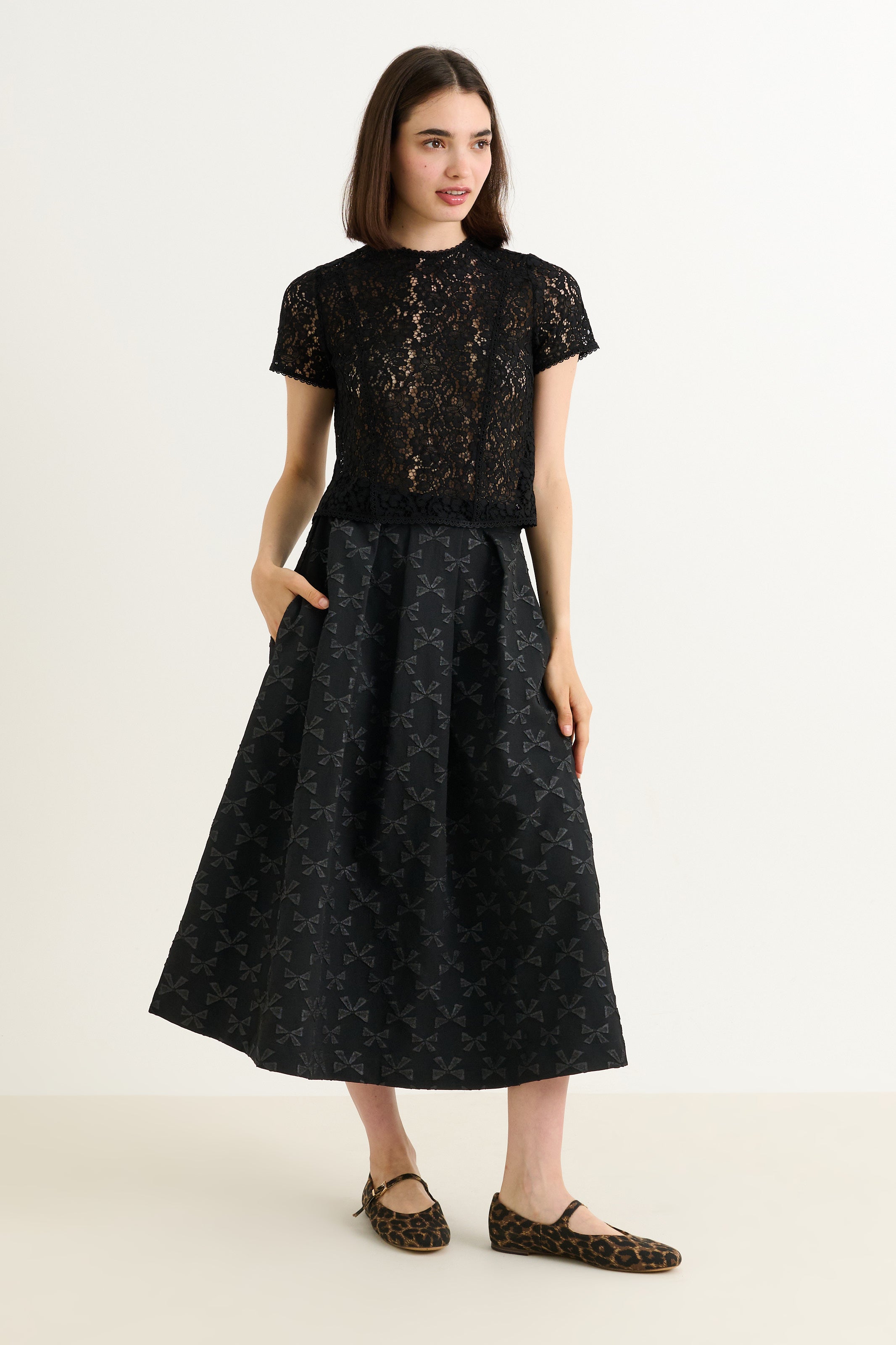 Belita Bow Black Jacquard Midi Skirt – Louche