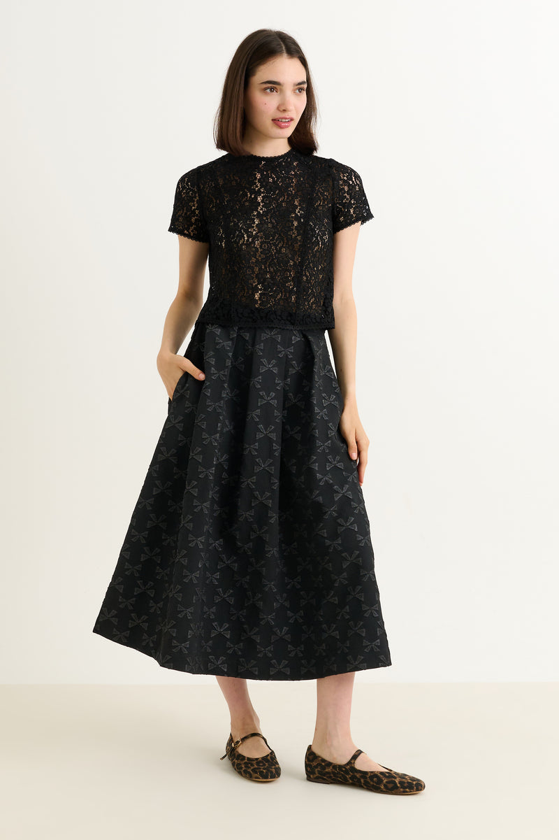 Belita Bow Black Jacquard Midi Skirt - Front