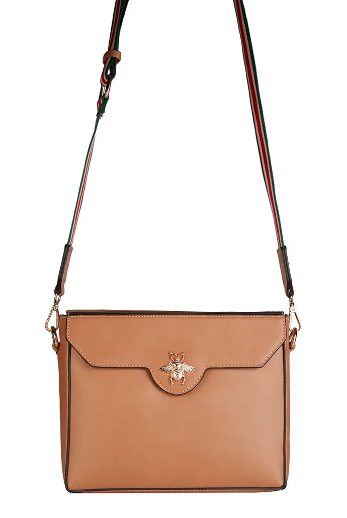 Bella Stripe Strap Crossbody Bag in Tan - Front