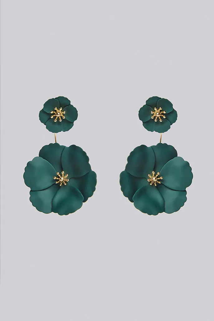 Bezer Double Flower Pendant Stud Earrings - Green