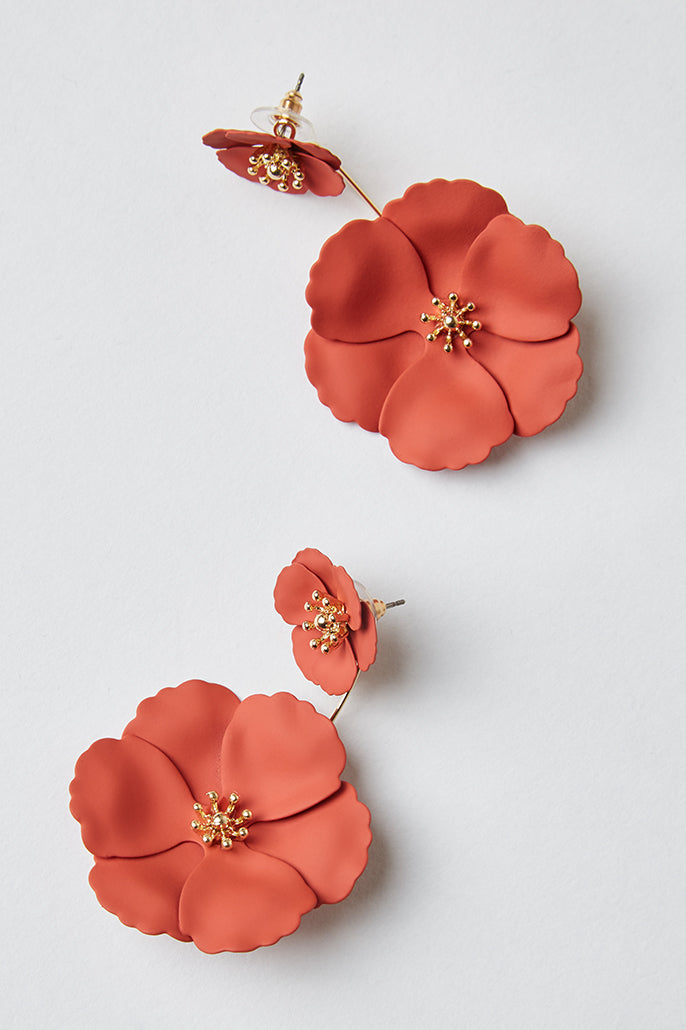 Bezer Double Flower Pendant Stud Earrings - Orange