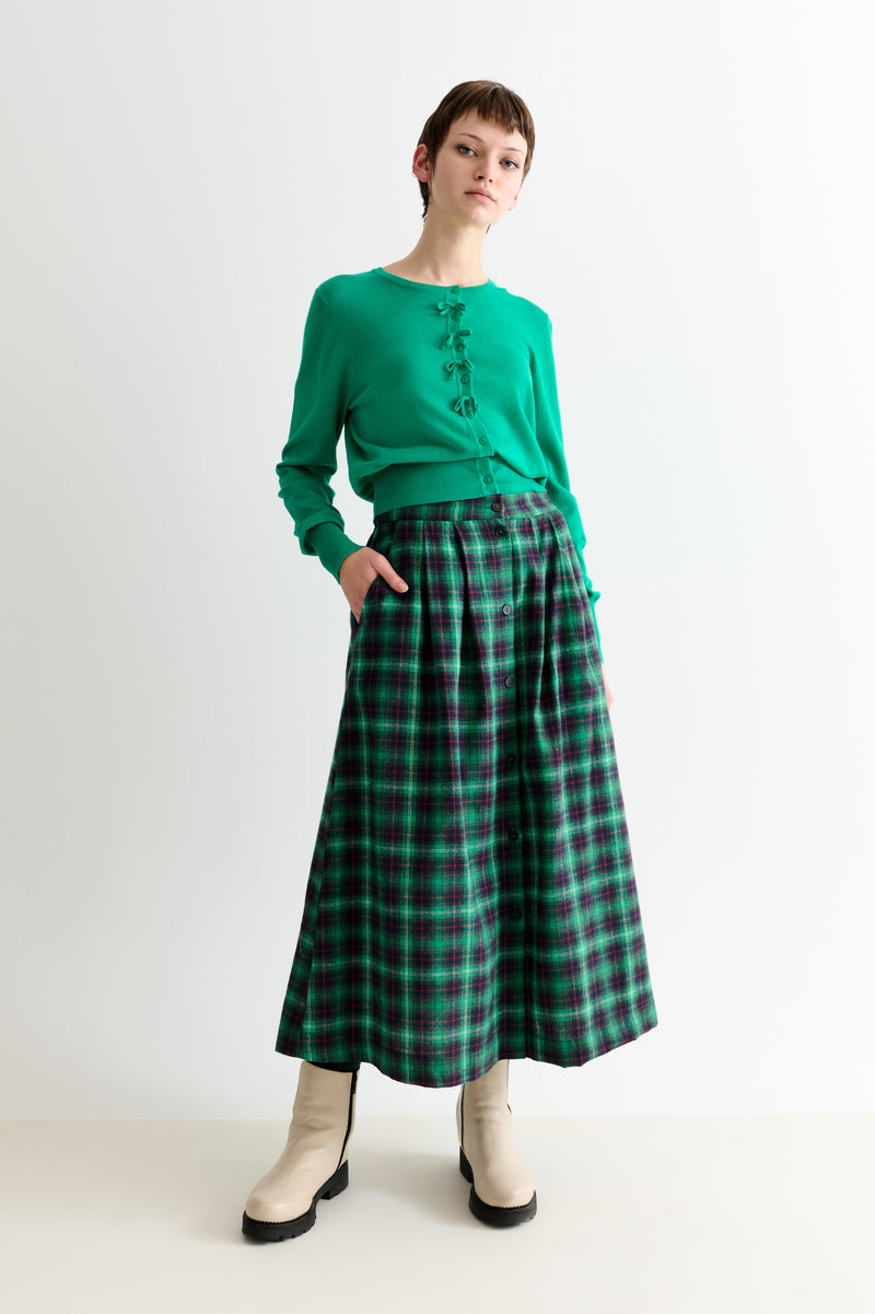 Bia Winter Check Button Through Skirt – Green - Front