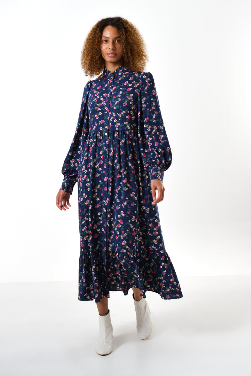Bricia Naïve Posy Print Tiered Midi Dress - Navy - Front