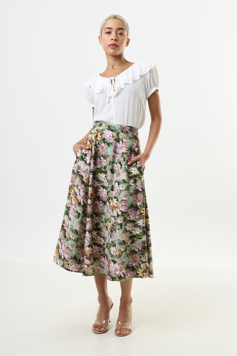Brisa 3D Daisy Print Midi Skirt - Green - Front