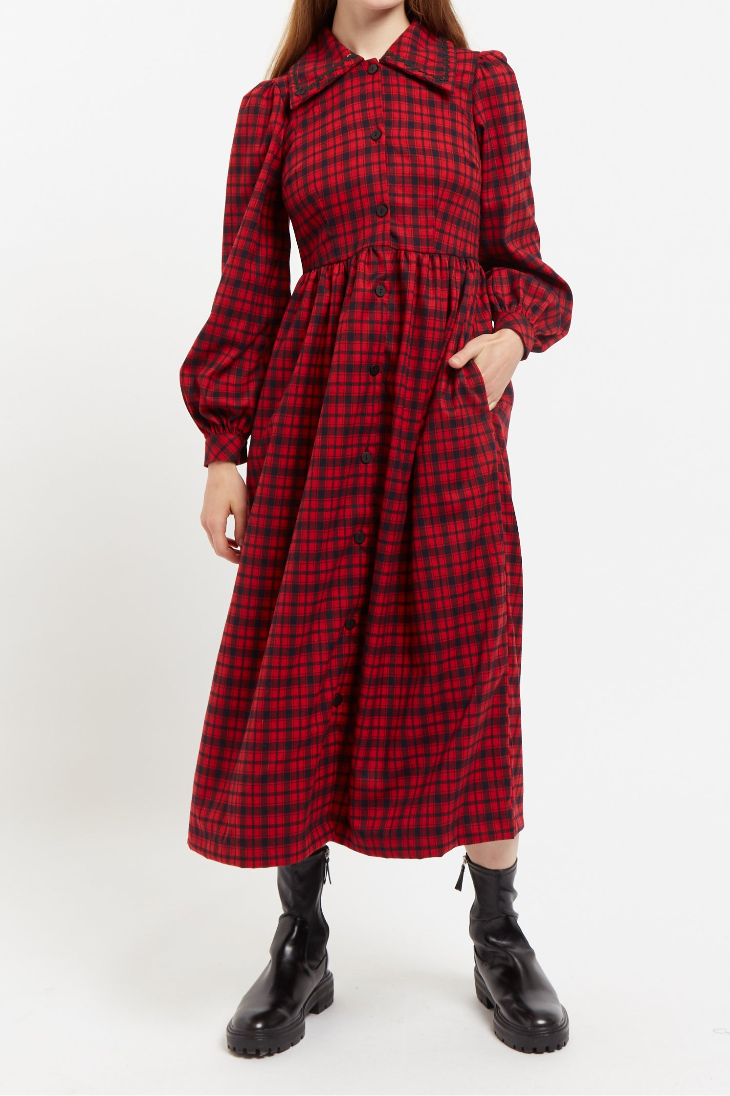 Cailin Winter Gingham Midi Shirt Dress Red