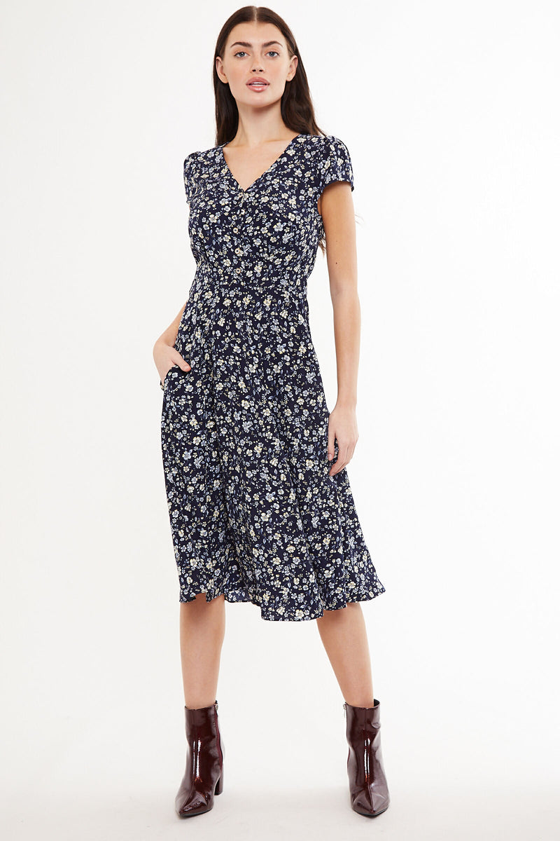 Cathleen Country Rose Print Tea Midi Tea Dress - Front