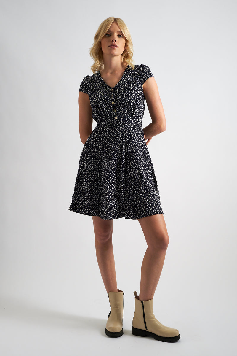 Cathleen Mini Forget Me Not Tea Dress Navy - Front