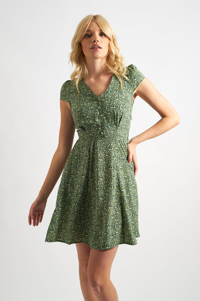 Cathleen Mini Ditsy Tea Dress Green - Front