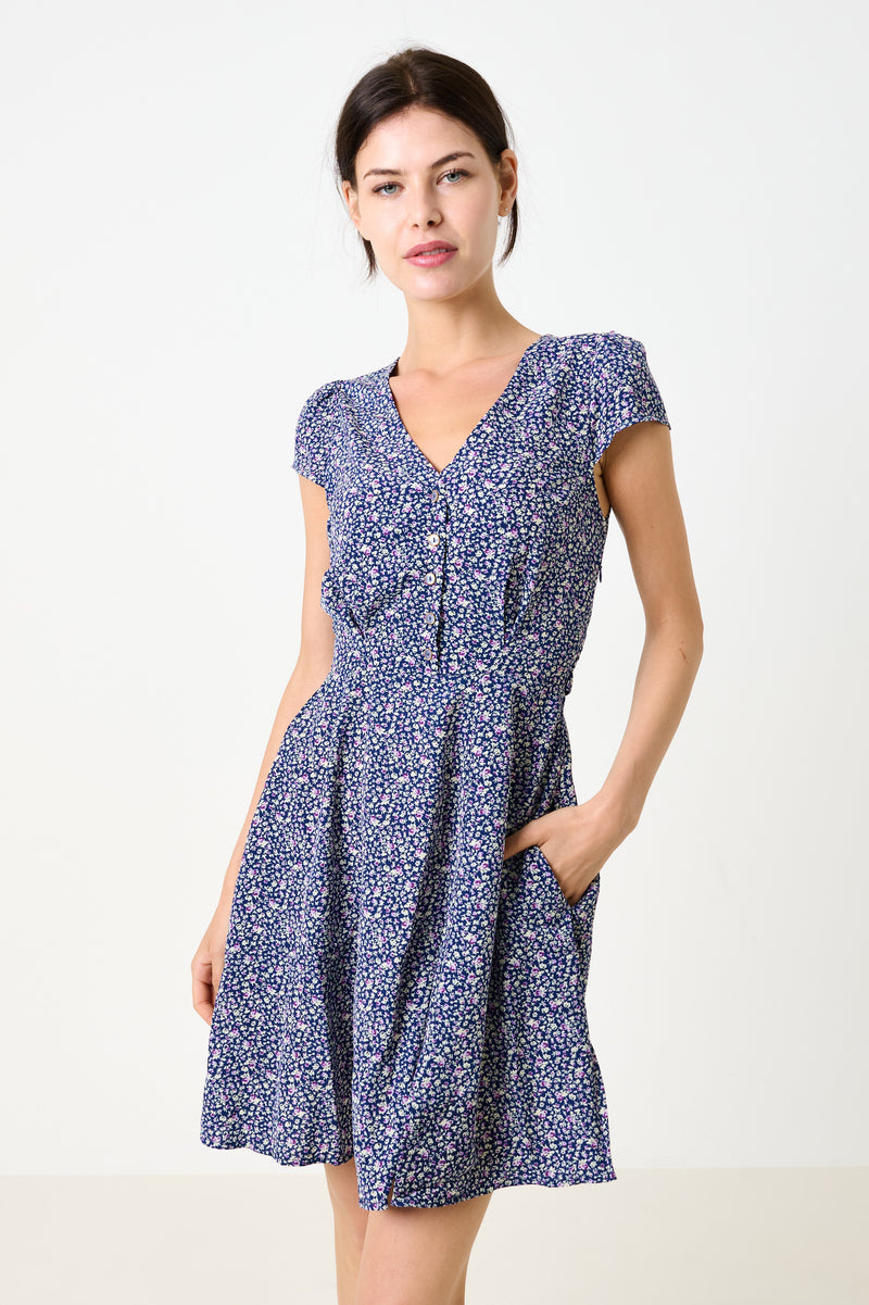 Cathleen Mini Tea Dress Ditsy Floral Blue - Front