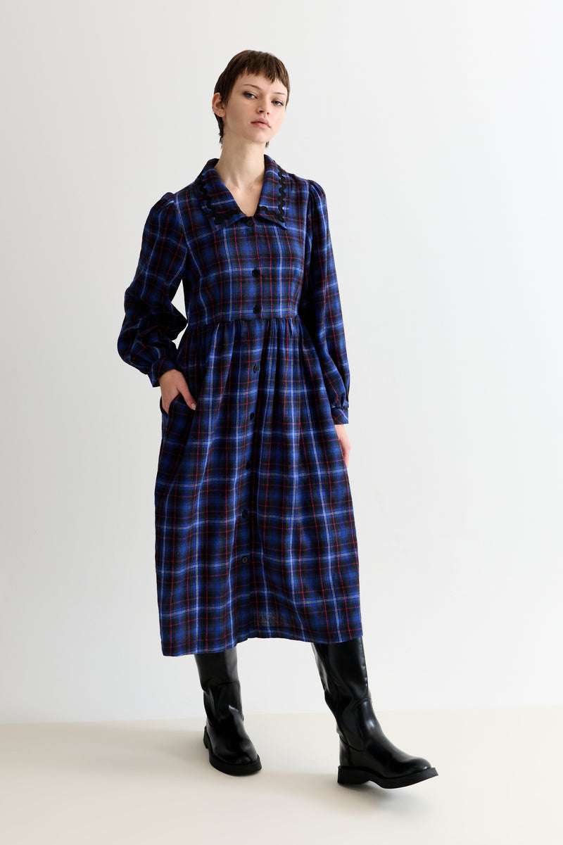 Catlin Winter Check Button Through Midi Dress – Blue - Front