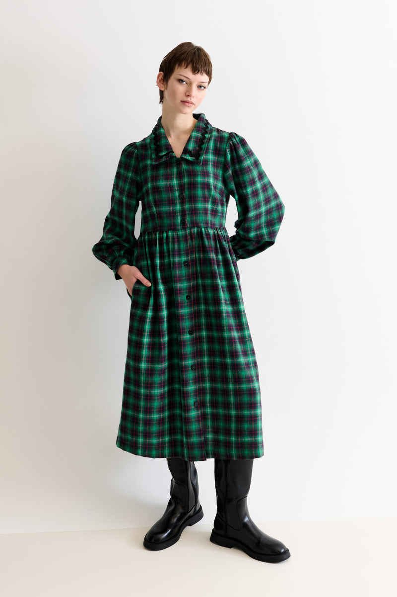 Catlin Winter Check Button Through Midi Dress – Green - Front