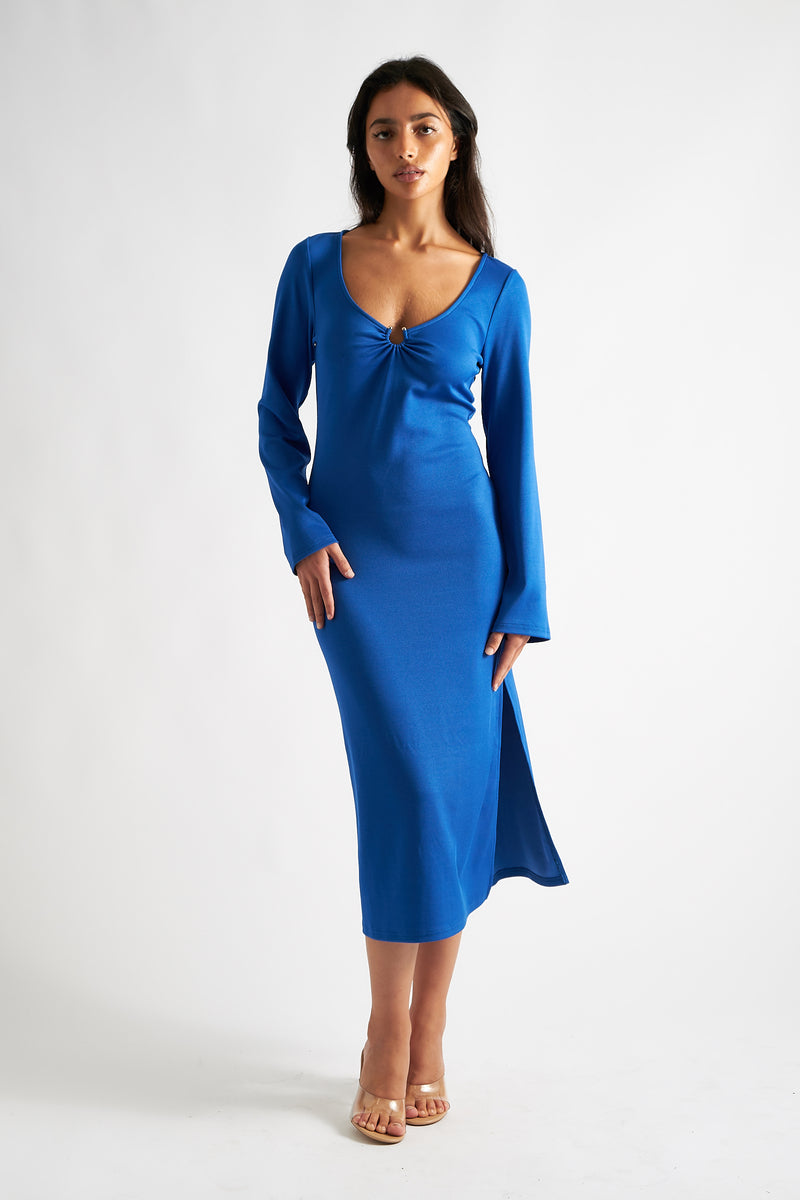 Charley Blue Fine Rib Bodycon Midi Dress - Front