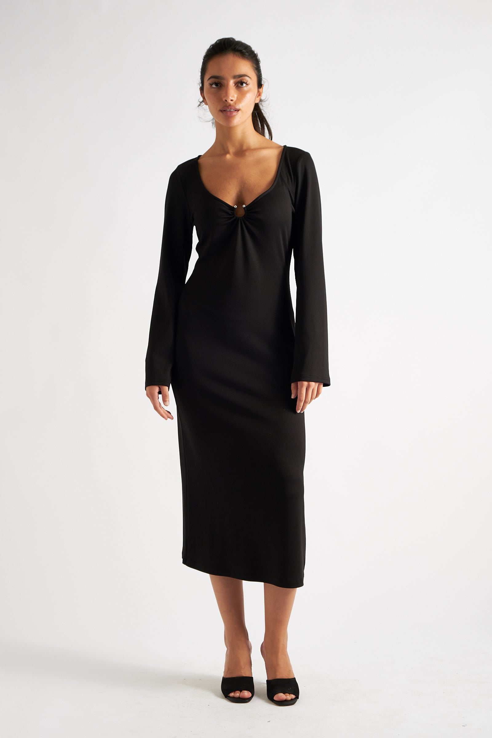 Charley Black Fine Rib Bodycon Midi Dress Louche